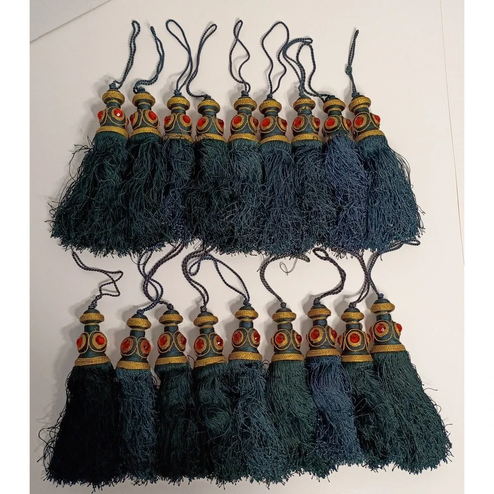 Dark Green Christmas Tassel Ornaments, Lot of 18, Red Gold Accents, Bohemian 7